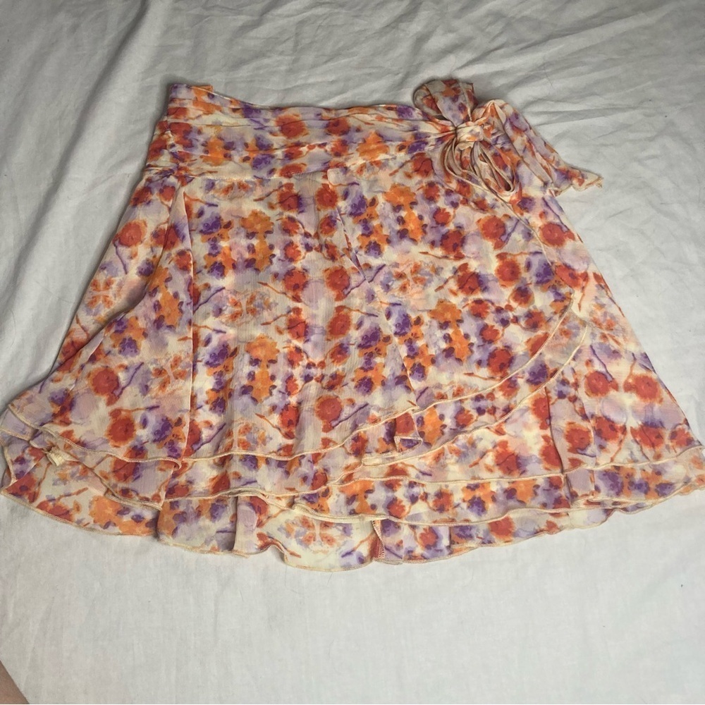 Aerie Micro Mini Chiffon Floral Wrap Skirt with Ruffle Hem Size Medium Orange